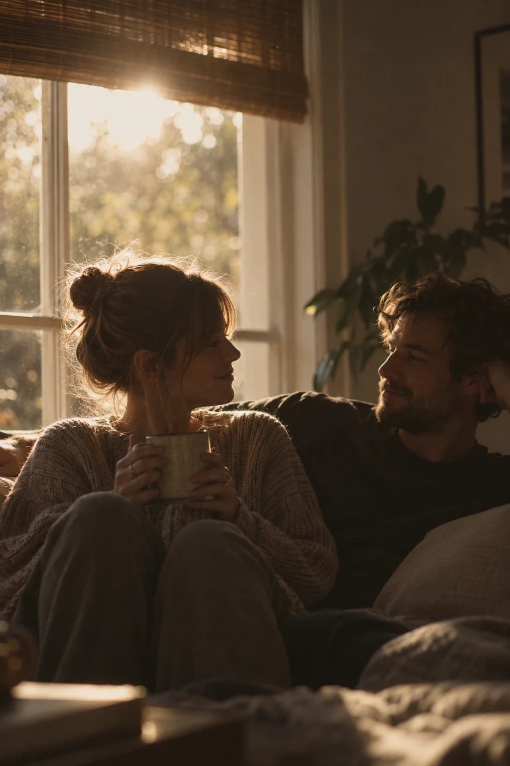 Two people’s hands across a kitchen table, each holding a mug